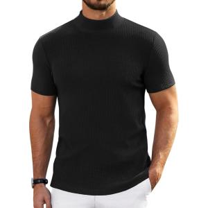 imageCOOFANDY Mens Mock Turtleneck Sweater Short Sleeve Turtle Neck Sweaters Casual Ribbed Knitted Pullover Tops Solid Basic TeeAblack