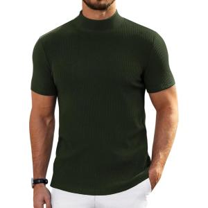 imageCOOFANDY Mens Mock Turtleneck Sweater Short Sleeve Turtle Neck Sweaters Casual Ribbed Knitted Pullover Tops Solid Basic TeeArmy Green