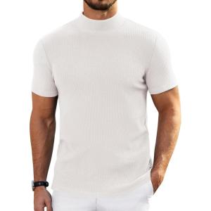 imageCOOFANDY Mens Mock Turtleneck Sweater Short Sleeve Turtle Neck Sweaters Casual Ribbed Knitted Pullover Tops Solid Basic TeeAwhite