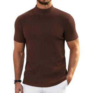 imageCOOFANDY Mens Mock Turtleneck Sweater Short Sleeve Turtle Neck Sweaters Casual Ribbed Knitted Pullover Tops Solid Basic TeeBrown