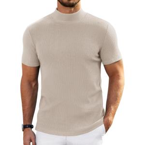 imageCOOFANDY Mens Mock Turtleneck Sweater Short Sleeve Turtle Neck Sweaters Casual Ribbed Knitted Pullover Tops Solid Basic TeeCream