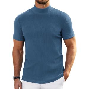 imageCOOFANDY Mens Mock Turtleneck Sweater Short Sleeve Turtle Neck Sweaters Casual Ribbed Knitted Pullover Tops Solid Basic TeeDark Blue