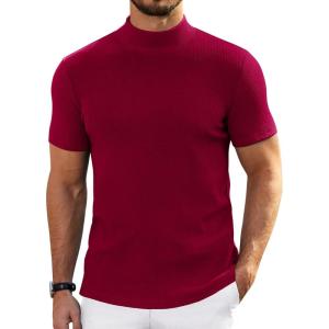 imageCOOFANDY Mens Mock Turtleneck Sweater Short Sleeve Turtle Neck Sweaters Casual Ribbed Knitted Pullover Tops Solid Basic TeeDark Red