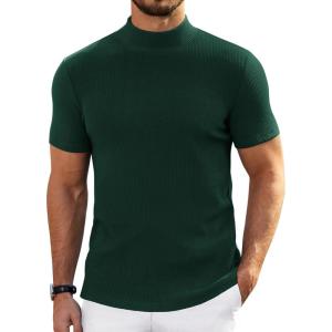 imageCOOFANDY Mens Mock Turtleneck Sweater Short Sleeve Turtle Neck Sweaters Casual Ribbed Knitted Pullover Tops Solid Basic TeeGreen