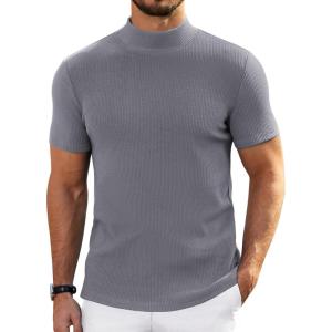 imageCOOFANDY Mens Mock Turtleneck Sweater Short Sleeve Turtle Neck Sweaters Casual Ribbed Knitted Pullover Tops Solid Basic TeeGrey