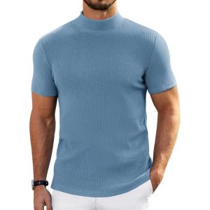 imageCOOFANDY Mens Mock Turtleneck Sweater Short Sleeve Turtle Neck Sweaters Casual Ribbed Knitted Pullover Tops Solid Basic TeeLight Blue