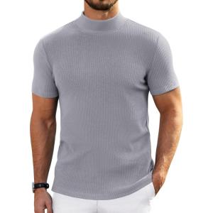 imageCOOFANDY Mens Mock Turtleneck Sweater Short Sleeve Turtle Neck Sweaters Casual Ribbed Knitted Pullover Tops Solid Basic TeeLight Grey