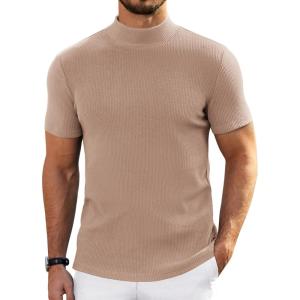 imageCOOFANDY Mens Mock Turtleneck Sweater Short Sleeve Turtle Neck Sweaters Casual Ribbed Knitted Pullover Tops Solid Basic TeeLight Khaki