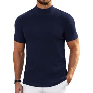 imageCOOFANDY Mens Mock Turtleneck Sweater Short Sleeve Turtle Neck Sweaters Casual Ribbed Knitted Pullover Tops Solid Basic TeeNavy Blue