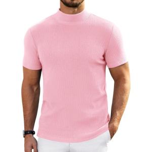 imageCOOFANDY Mens Mock Turtleneck Sweater Short Sleeve Turtle Neck Sweaters Casual Ribbed Knitted Pullover Tops Solid Basic TeePink