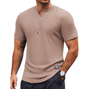 imageCOOFANDY Mens Muscle TShirts VNeck Slim Fit Workout Shirt Short Sleeve Longline Gym Athletic Tee ShirtsKhaki
