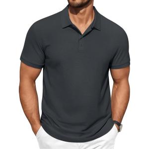 imageCOOFANDY Mens Polo Shirts Short Sleeve Classic Fit Golf Shirts Casual Solid Waffle Collared T ShirtDark Gray