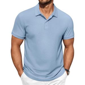 imageCOOFANDY Mens Polo Shirts Short Sleeve Classic Fit Golf Shirts Casual Solid Waffle Collared T ShirtLight Blue