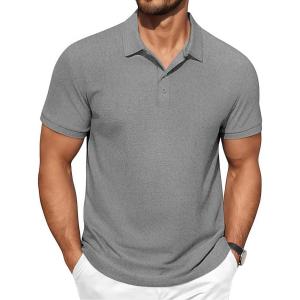 imageCOOFANDY Mens Polo Shirts Short Sleeve Classic Fit Golf Shirts Casual Solid Waffle Collared T ShirtLight Gray