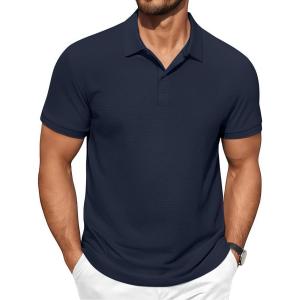 imageCOOFANDY Mens Polo Shirts Short Sleeve Classic Fit Golf Shirts Casual Solid Waffle Collared T ShirtNavy Blue