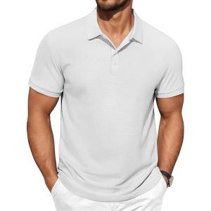 imageCOOFANDY Mens Polo Shirts Short Sleeve Classic Fit Golf Shirts Casual Solid Waffle Collared T ShirtWhite