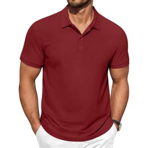 imageCOOFANDY Mens Polo Shirts Short Sleeve Classic Fit Golf Shirts Casual Solid Waffle Collared T ShirtWine Red