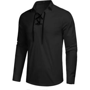 imageCOOFANDY Mens Scottish Jacobite Ghillie Kilt Shirts Medieval Renaissance Pirate Costume Long Sleeve Lace Up Henley ShirtBlack