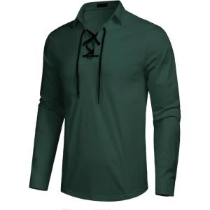 imageCOOFANDY Mens Scottish Jacobite Ghillie Kilt Shirts Medieval Renaissance Pirate Costume Long Sleeve Lace Up Henley ShirtDeep Green