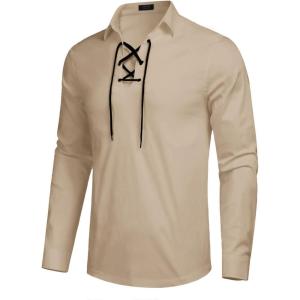 imageCOOFANDY Mens Scottish Jacobite Ghillie Kilt Shirts Medieval Renaissance Pirate Costume Long Sleeve Lace Up Henley ShirtLight Khaki