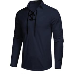 imageCOOFANDY Mens Scottish Jacobite Ghillie Kilt Shirts Medieval Renaissance Pirate Costume Long Sleeve Lace Up Henley ShirtNavy Blue