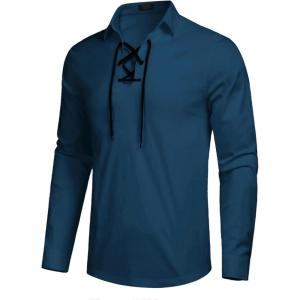 imageCOOFANDY Mens Scottish Jacobite Ghillie Kilt Shirts Medieval Renaissance Pirate Costume Long Sleeve Lace Up Henley ShirtPeacock Blue