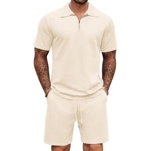 imageCOOFANDY Mens Tracksuit Casual 2 Piece Quarter Zip Polo Shirt and Shorts Set Athletic Jogging Sports OutfitsBeige