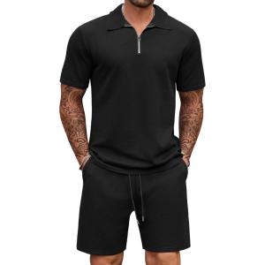 imageCOOFANDY Mens Tracksuit Casual 2 Piece Quarter Zip Polo Shirt and Shorts Set Athletic Jogging Sports OutfitsBlack