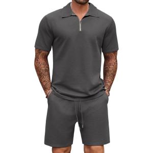 imageCOOFANDY Mens Tracksuit Casual 2 Piece Quarter Zip Polo Shirt and Shorts Set Athletic Jogging Sports OutfitsDark Grey