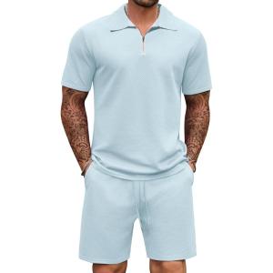 imageCOOFANDY Mens Tracksuit Casual 2 Piece Quarter Zip Polo Shirt and Shorts Set Athletic Jogging Sports OutfitsLight Blue