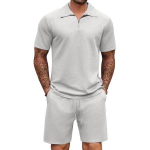 imageCOOFANDY Mens Tracksuit Casual 2 Piece Quarter Zip Polo Shirt and Shorts Set Athletic Jogging Sports OutfitsLight Grey