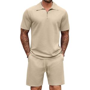 imageCOOFANDY Mens Tracksuit Casual 2 Piece Quarter Zip Polo Shirt and Shorts Set Athletic Jogging Sports OutfitsLight Khaki