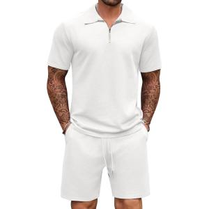 imageCOOFANDY Mens Tracksuit Casual 2 Piece Quarter Zip Polo Shirt and Shorts Set Athletic Jogging Sports OutfitsWhite