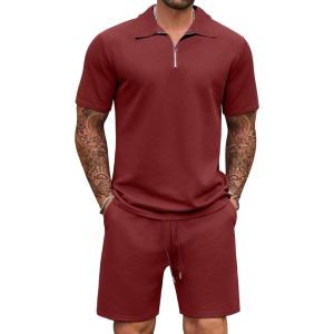 imageCOOFANDY Mens Tracksuit Casual 2 Piece Quarter Zip Polo Shirt and Shorts Set Athletic Jogging Sports OutfitsWine Red