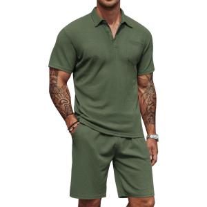 imageCOOFANDY Mens Waffle Knit Polo Shirt and Shorts Set 2 Pieces Outfits Summer Suit Casual Tracksuit with PocketsArmy Green