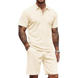 imageCOOFANDY Mens Waffle Knit Polo Shirt and Shorts Set 2 Pieces Outfits Summer Suit Casual Tracksuit with PocketsBeige
