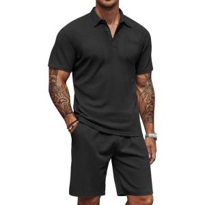 imageCOOFANDY Mens Waffle Knit Polo Shirt and Shorts Set 2 Pieces Outfits Summer Suit Casual Tracksuit with PocketsBlack