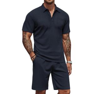 imageCOOFANDY Mens Waffle Knit Polo Shirt and Shorts Set 2 Pieces Outfits Summer Suit Casual Tracksuit with PocketsNavy Blue