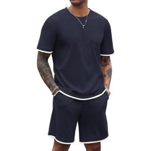 imageCOOFANDY Mens Waffle Shirt and Shorts Set 2 Piece Outfits Casual Summer Tracksuits Set with PocketsNavy Blue