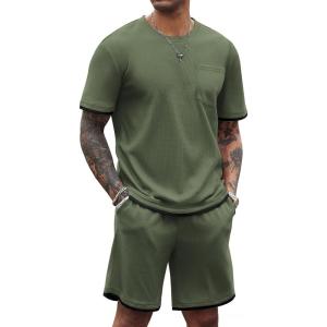 imageCOOFANDY Mens Waffle Shirt and Shorts Set 2 Piece Outfits Casual Summer Tracksuits Set with PocketsOlive Green