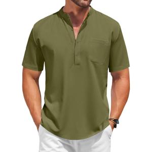 imageCOOFANDY Mens White Solid Casual Short Sleeve Band Collar Henley Shirt with PocketArmy Green