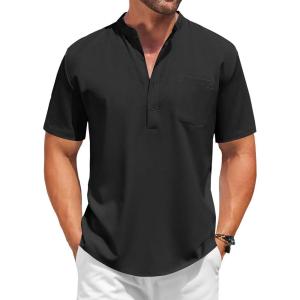 imageCOOFANDY Mens White Solid Casual Short Sleeve Band Collar Henley Shirt with PocketBlack