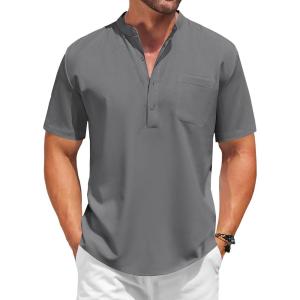 imageCOOFANDY Mens White Solid Casual Short Sleeve Band Collar Henley Shirt with PocketDark Grey