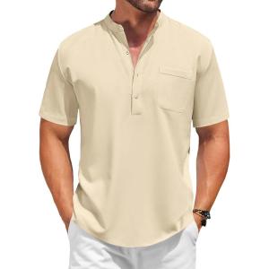 imageCOOFANDY Mens White Solid Casual Short Sleeve Band Collar Henley Shirt with PocketKhaki