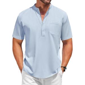 imageCOOFANDY Mens White Solid Casual Short Sleeve Band Collar Henley Shirt with PocketLight Blue