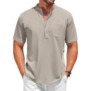 imageCOOFANDY Mens White Solid Casual Short Sleeve Band Collar Henley Shirt with PocketLight Grey