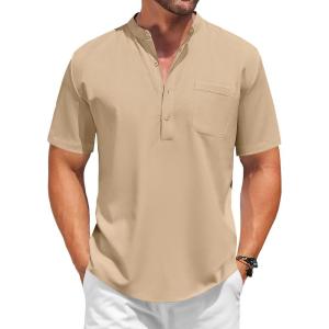 imageCOOFANDY Mens White Solid Casual Short Sleeve Band Collar Henley Shirt with PocketMoon Grey