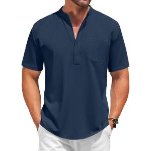 imageCOOFANDY Mens White Solid Casual Short Sleeve Band Collar Henley Shirt with PocketNavy Blue