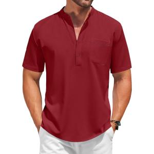 imageCOOFANDY Mens White Solid Casual Short Sleeve Band Collar Henley Shirt with PocketRed