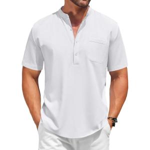 imageCOOFANDY Mens White Solid Casual Short Sleeve Band Collar Henley Shirt with PocketWhite